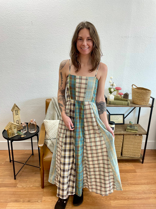 Sage Mixed Checkered Midi Dress - Terra Cottage