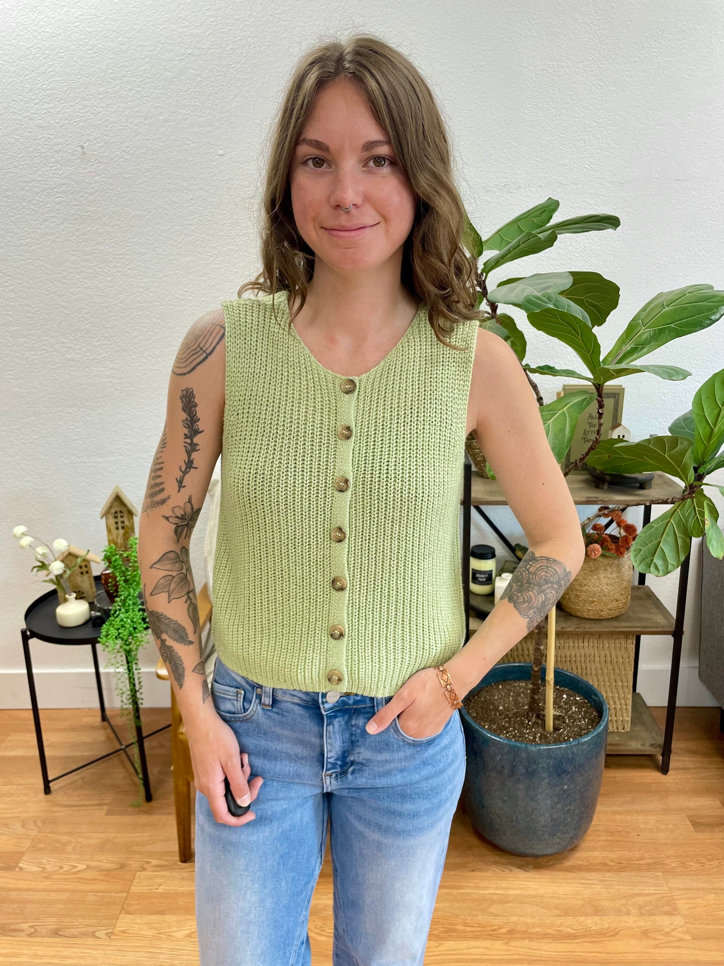 Olive Sleeveless Button Down Cardigan
