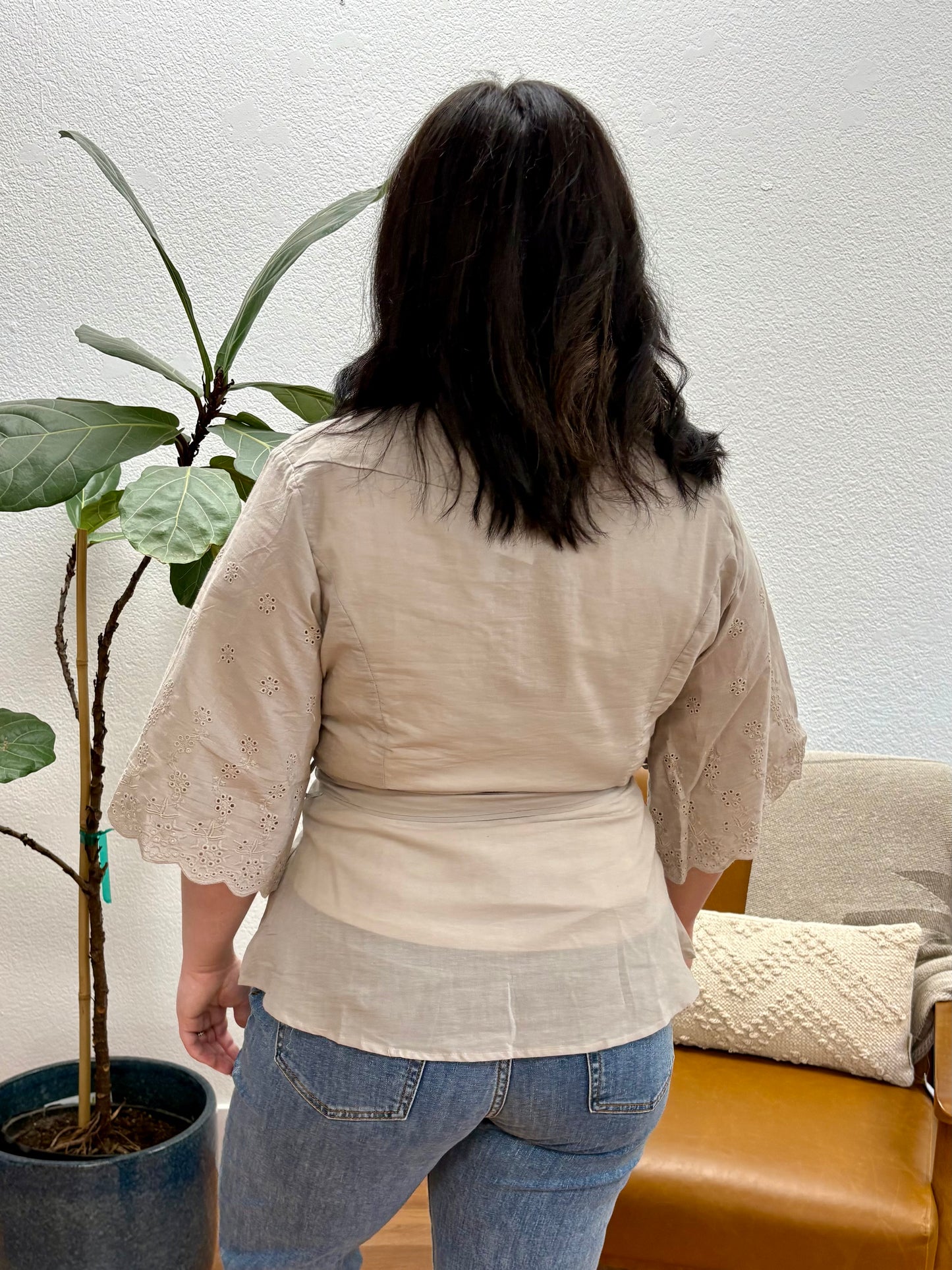 Light Beige Eyelet Embroidered Wrap Blouse