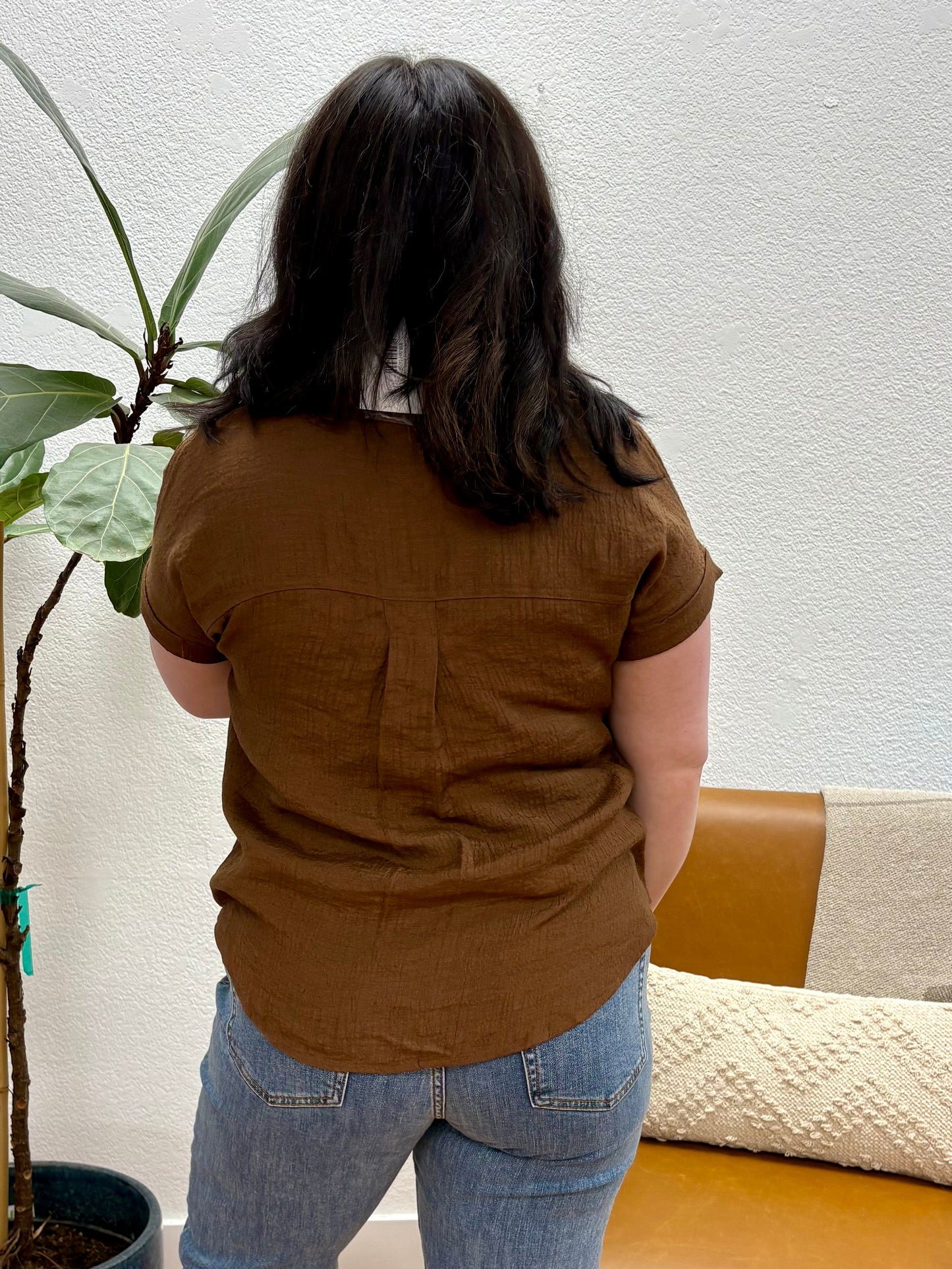 Brown Fold Sleeve Button Down Top