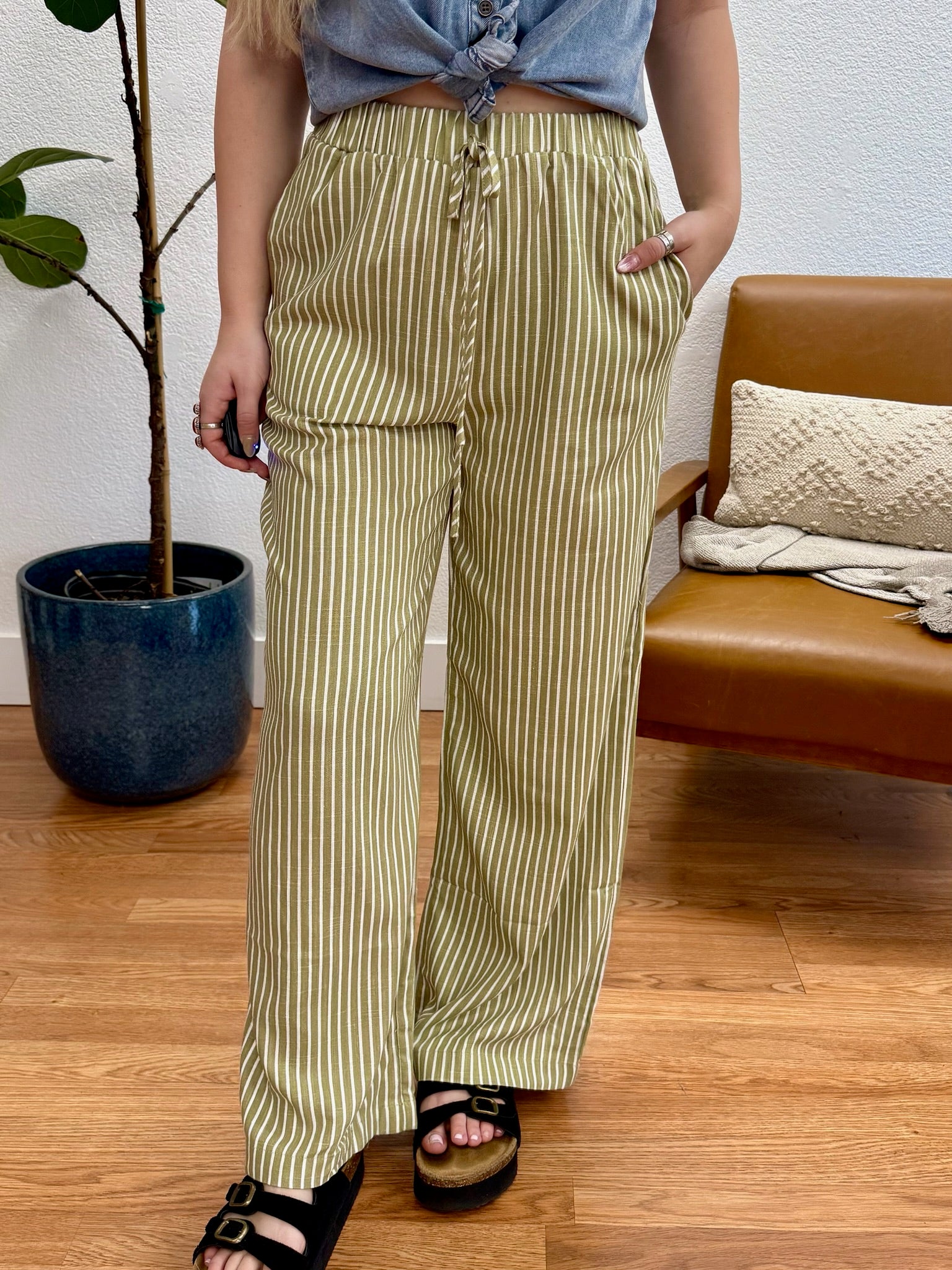 Olive Stripe Linen Wide Leg Pants - Terra Cottage