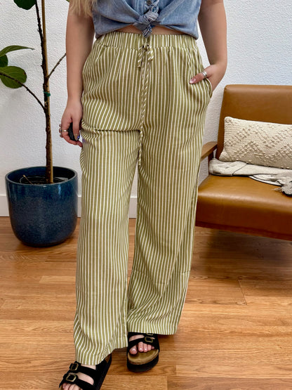 Olive Stripe Linen Wide Leg Pants - Terra Cottage