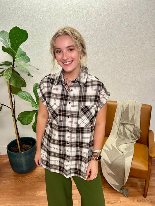 Grey Plaid Oversized Top