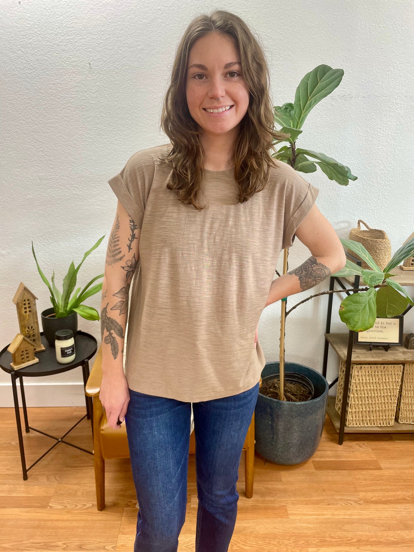 Mocha Rolled Sleeve Slub Tee - Terra Cottage