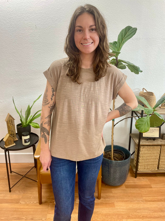 Mocha Rolled Sleeve Slub Tee - Terra Cottage