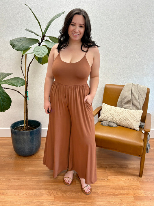 Rust U-Neck Flare Wide Leg Jumpsuit
