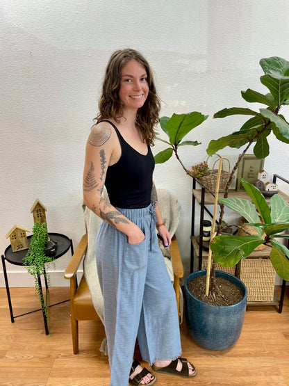 Blue Raw Hem Drawstring Pants