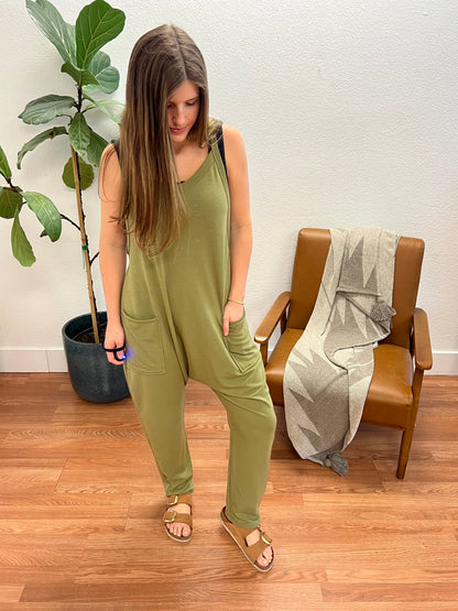 Olive V-Neck Jumpsuit with Pockets