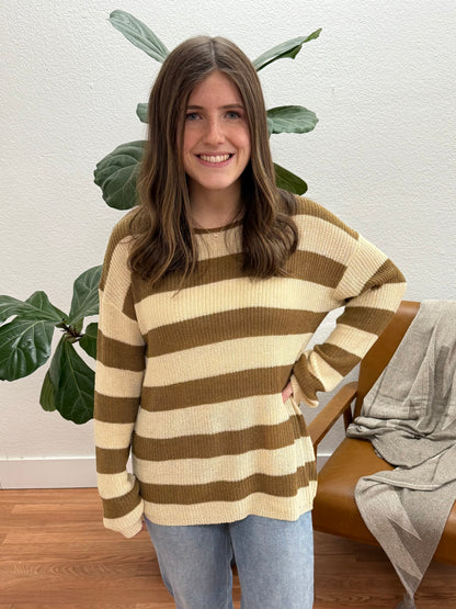 Taupe Boat Neck Stripe Pullover