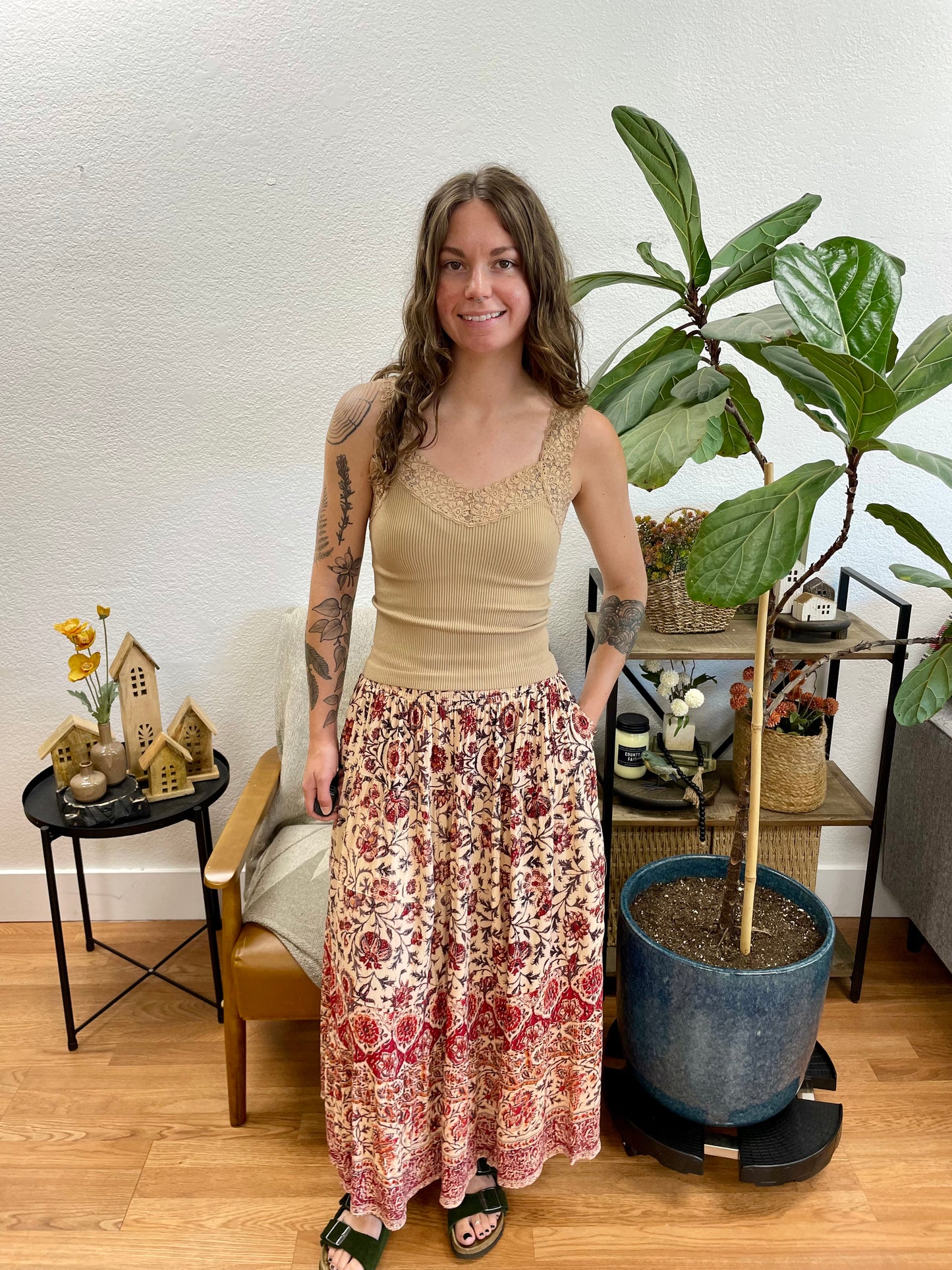 Rust Printed Midi Skirt