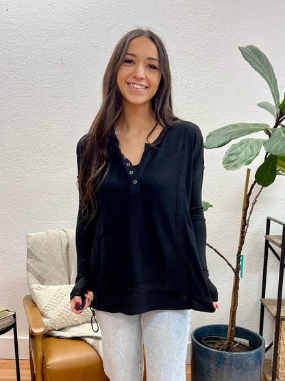 Black Brushed Lace + Knit Henley Top