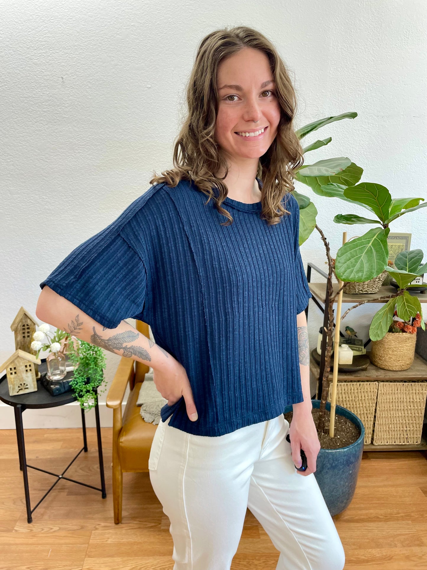 Navy Star Patch Ribbed Top