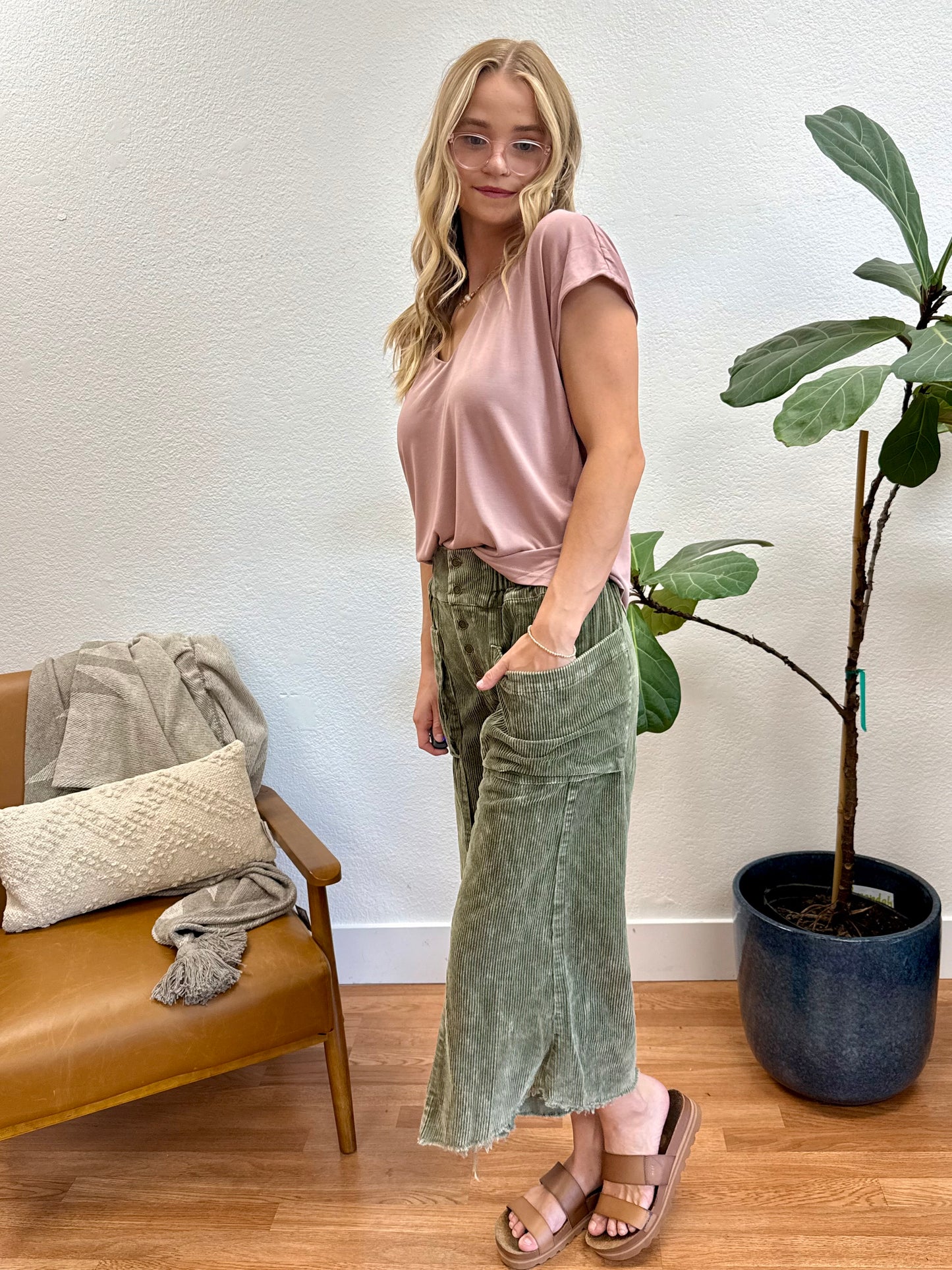 Olive Cropped Corduroy Wide Leg Pants