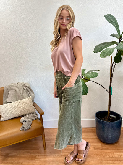 Olive Cropped Corduroy Wide Leg Pants