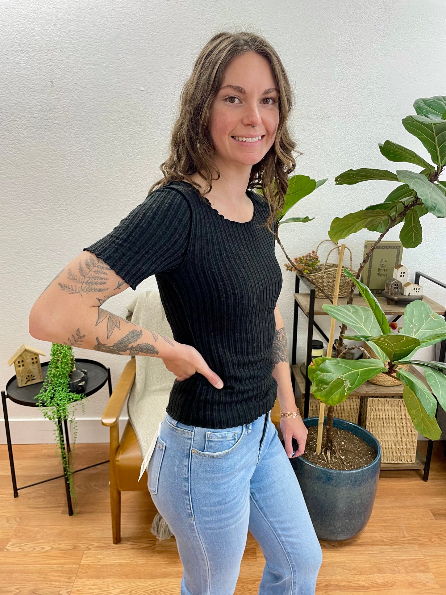 Black Lettuce Hem Textured Top