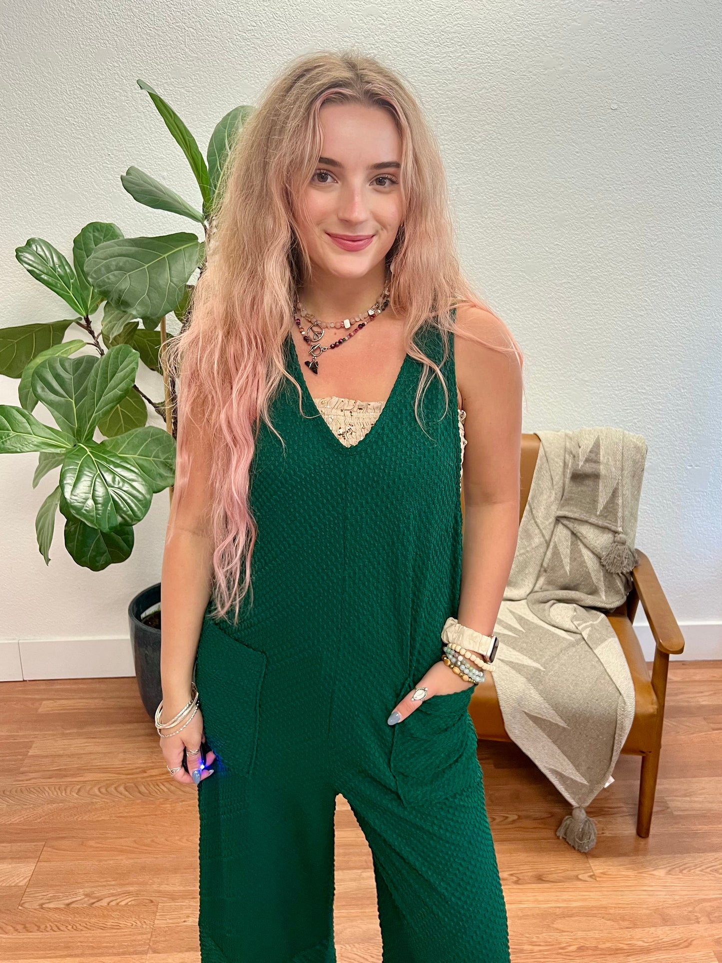 Forest Green Textured Knit Jumpsuit