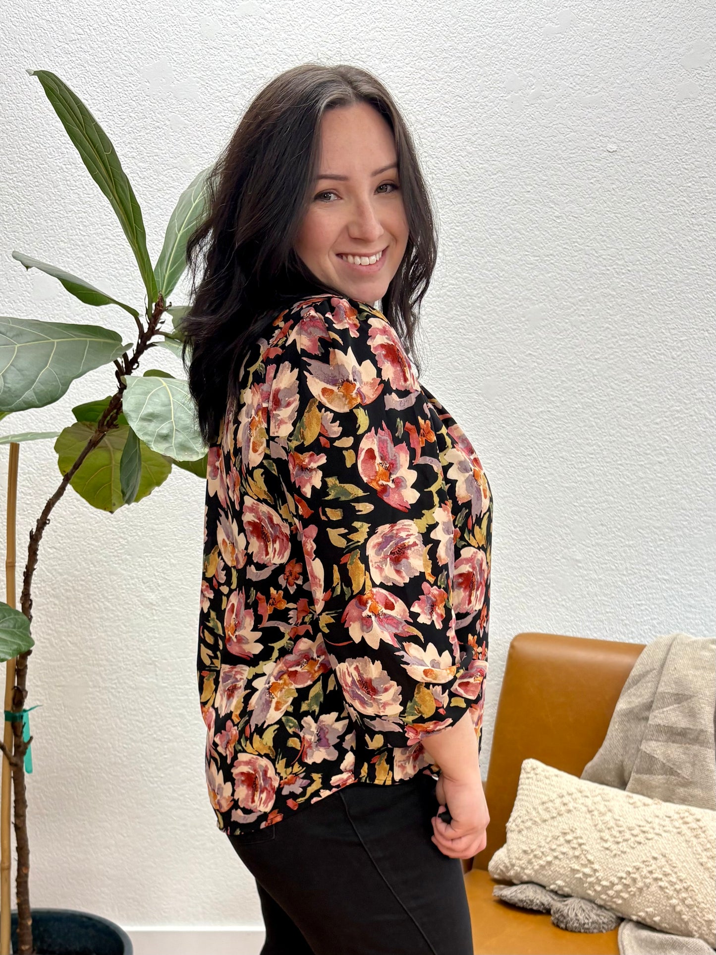 Black Floral Ruffle Blouse