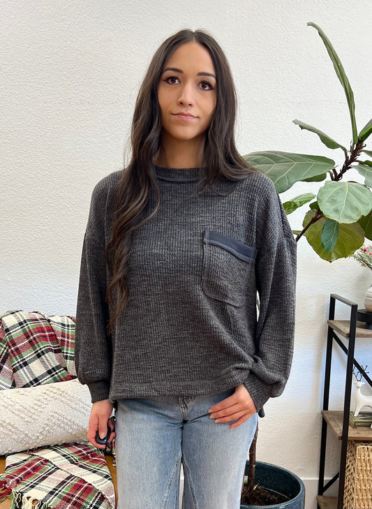 Charcoal Ribbed Pocket Pullover