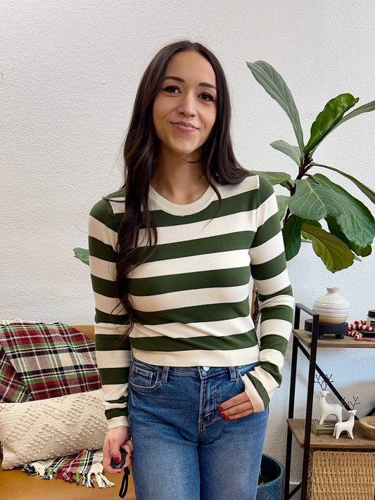 Green and Ivory Striped Sweater