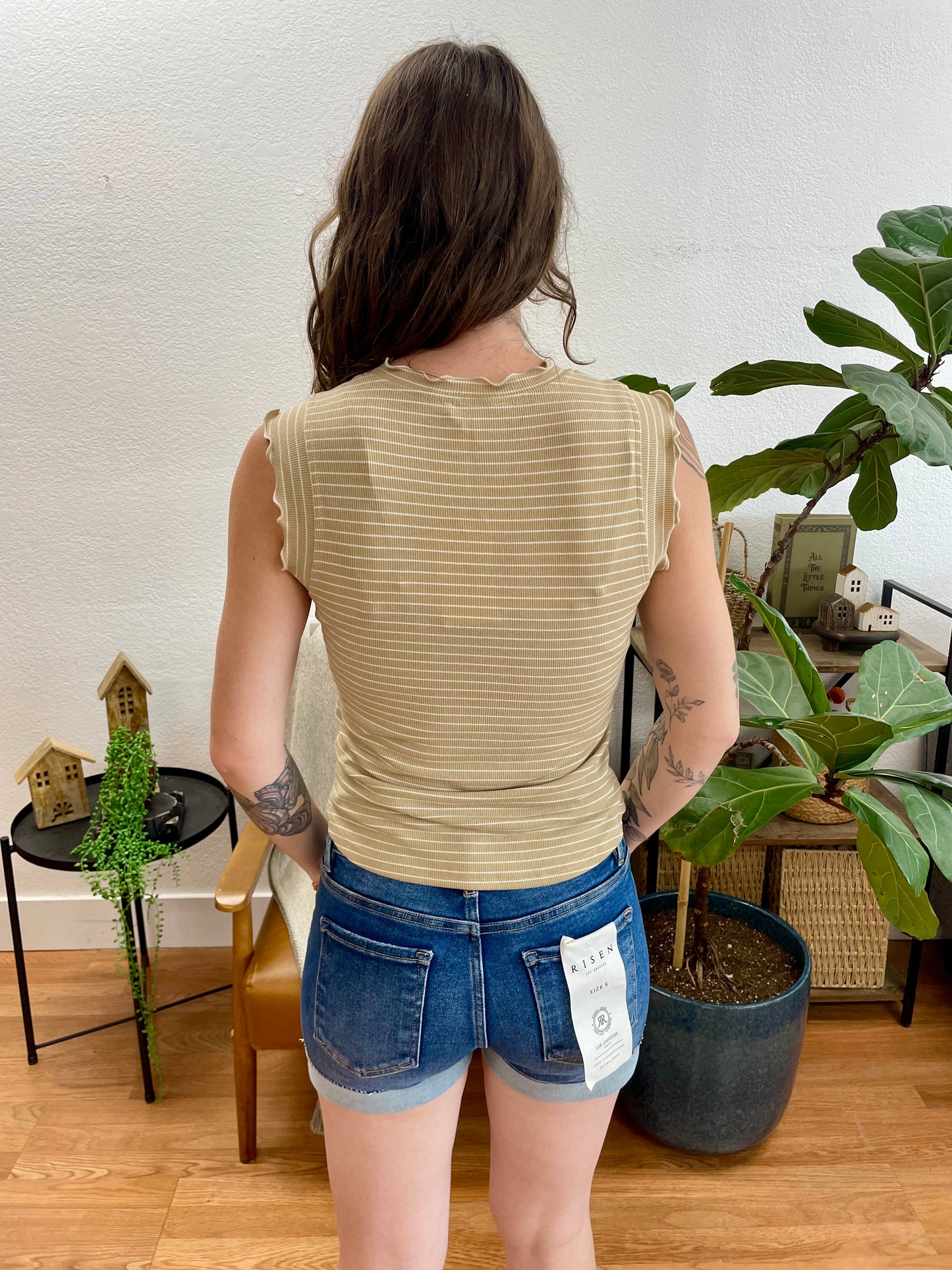 Taupe Brushed Striped Ruffle Tank
