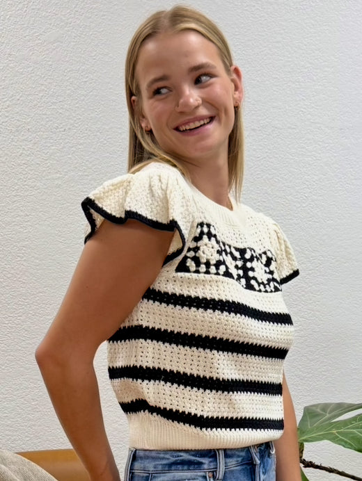 Stripe Short Sleeve Crochet Knit Top