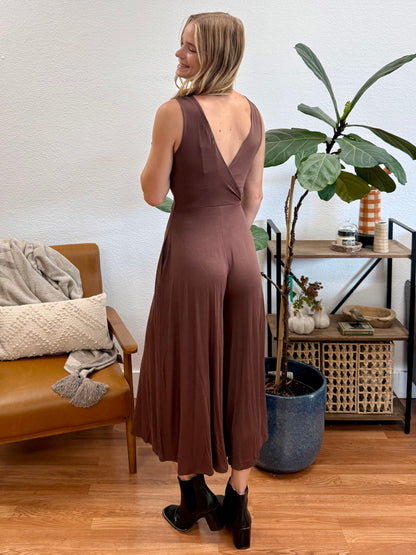 Brown Surplice Neckline Sleeveless Jumpsuit