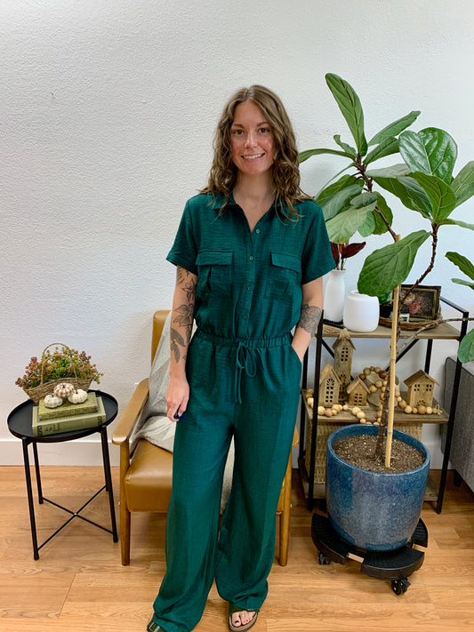 Hunter Green Button Down Jumpsuit