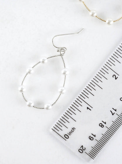 Silver Textured Wire Station Pearl Drop Earrings