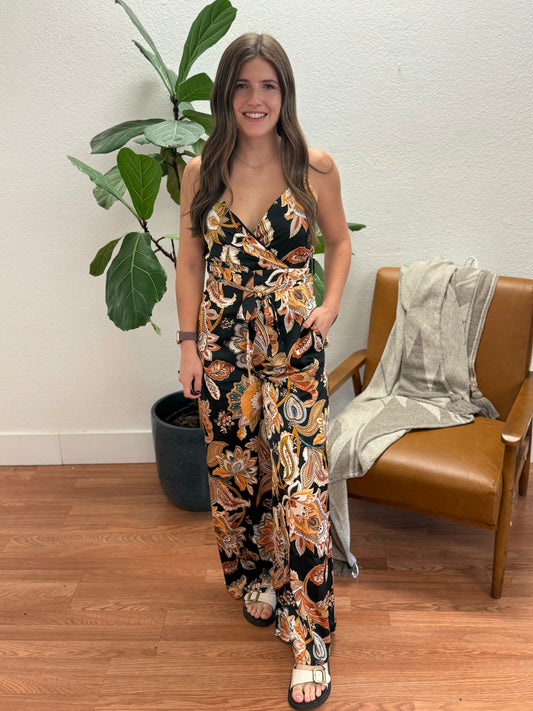 Black Print Surplice Jumpsuit