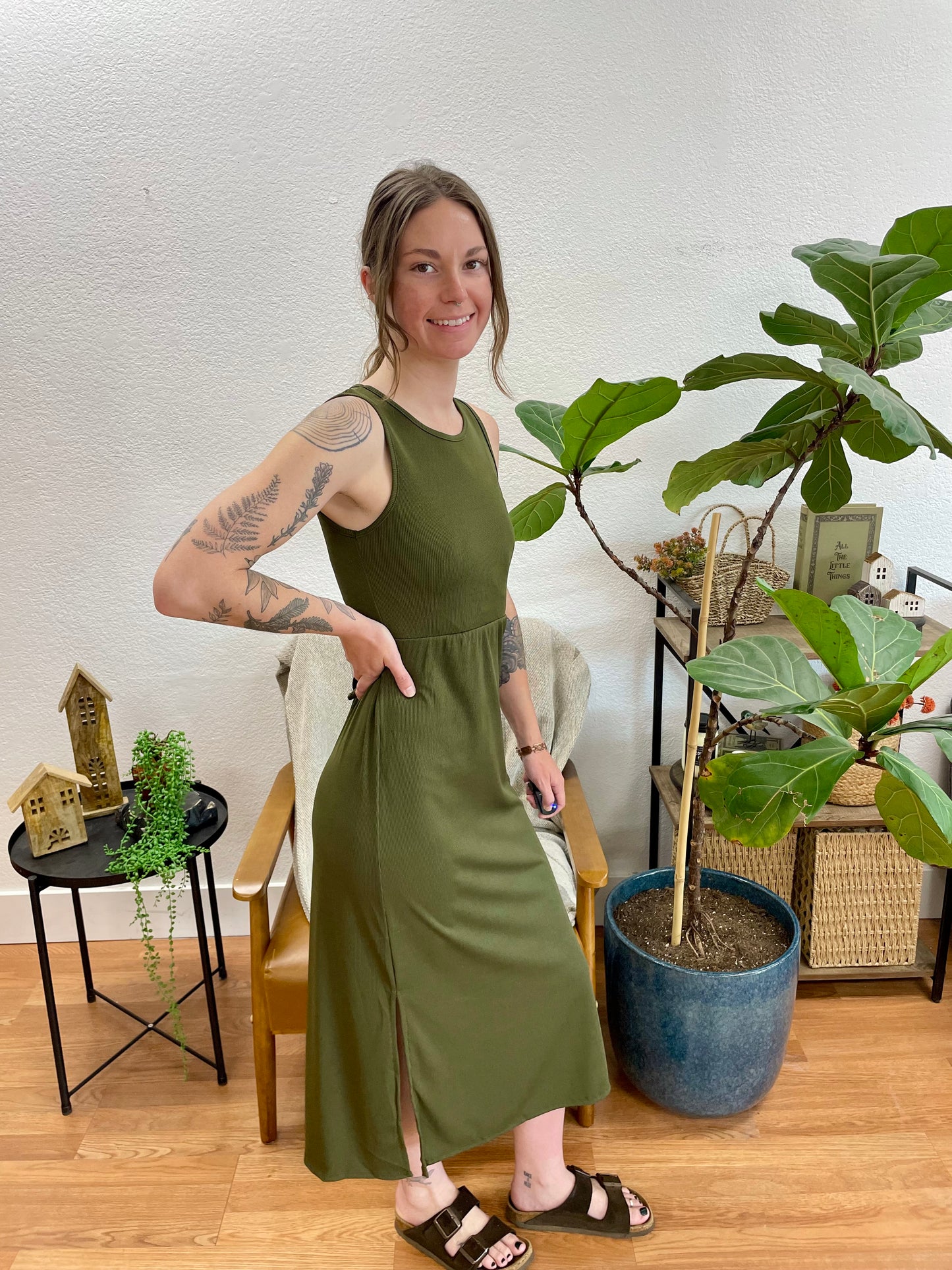 Olive Ribbed Side Slit Tank Dress - Terra Cottage