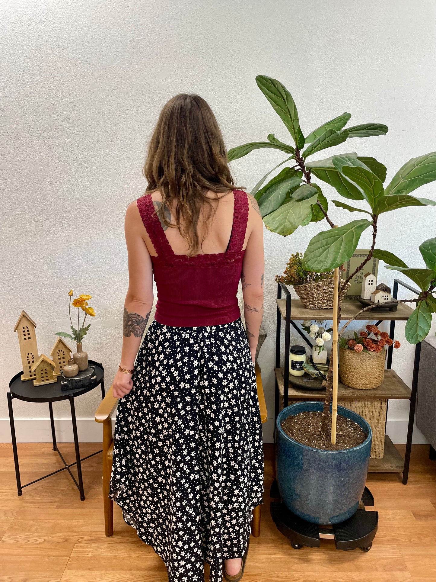 Black Smocked Floral Round Hem Skirt