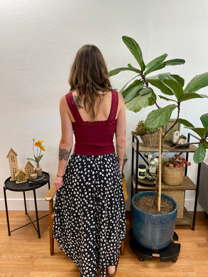 Black Smocked Floral Round Hem Skirt