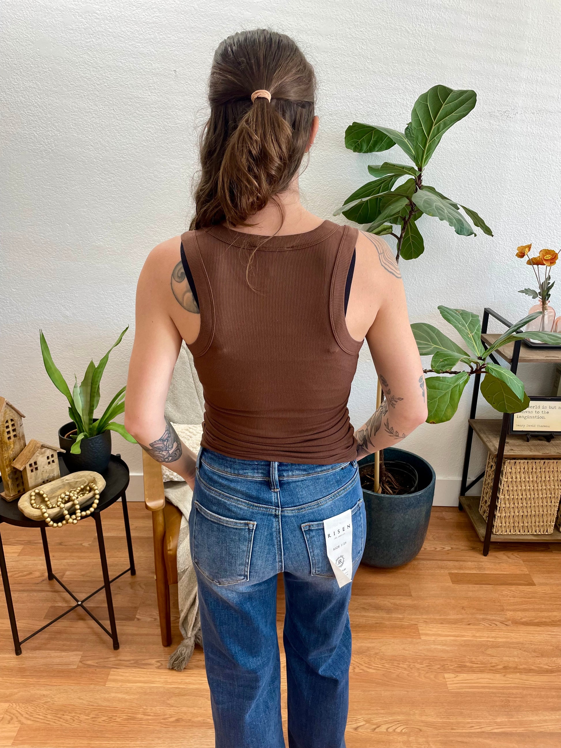 Brown Ribbed Scoop Neck Tank - Terra Cottage