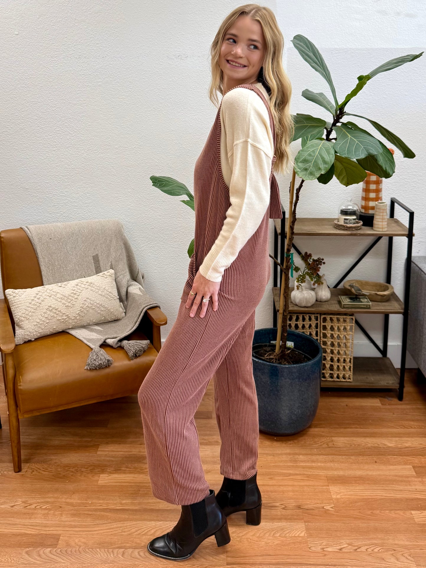 Rust Sleeveless Ribbed Jumpsuit
