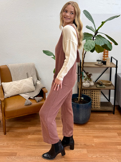 Rust Sleeveless Ribbed Jumpsuit
