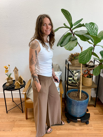 Brown Smocked Waist Pants With Pockets