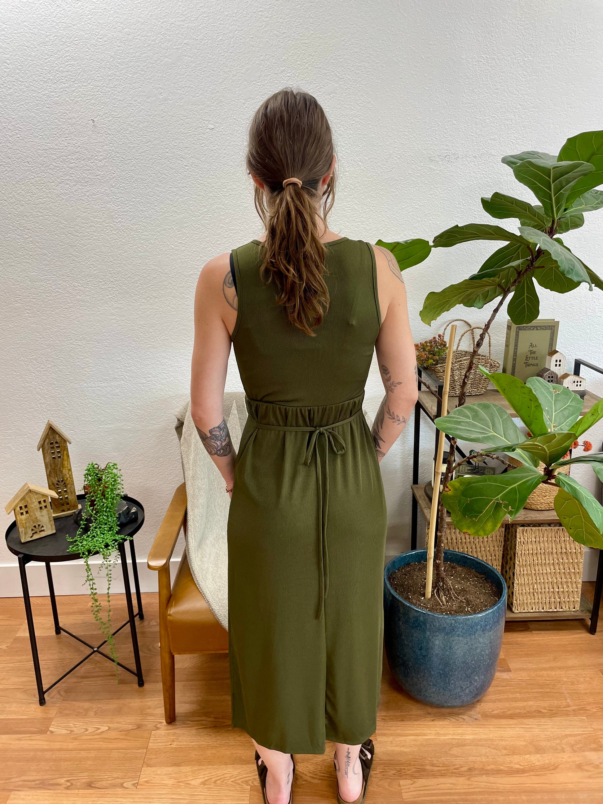 Olive Ribbed Side Slit Tank Dress - Terra Cottage