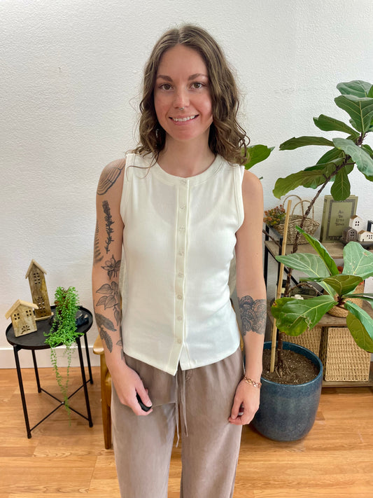 Off White Ribbed Button Up Tank