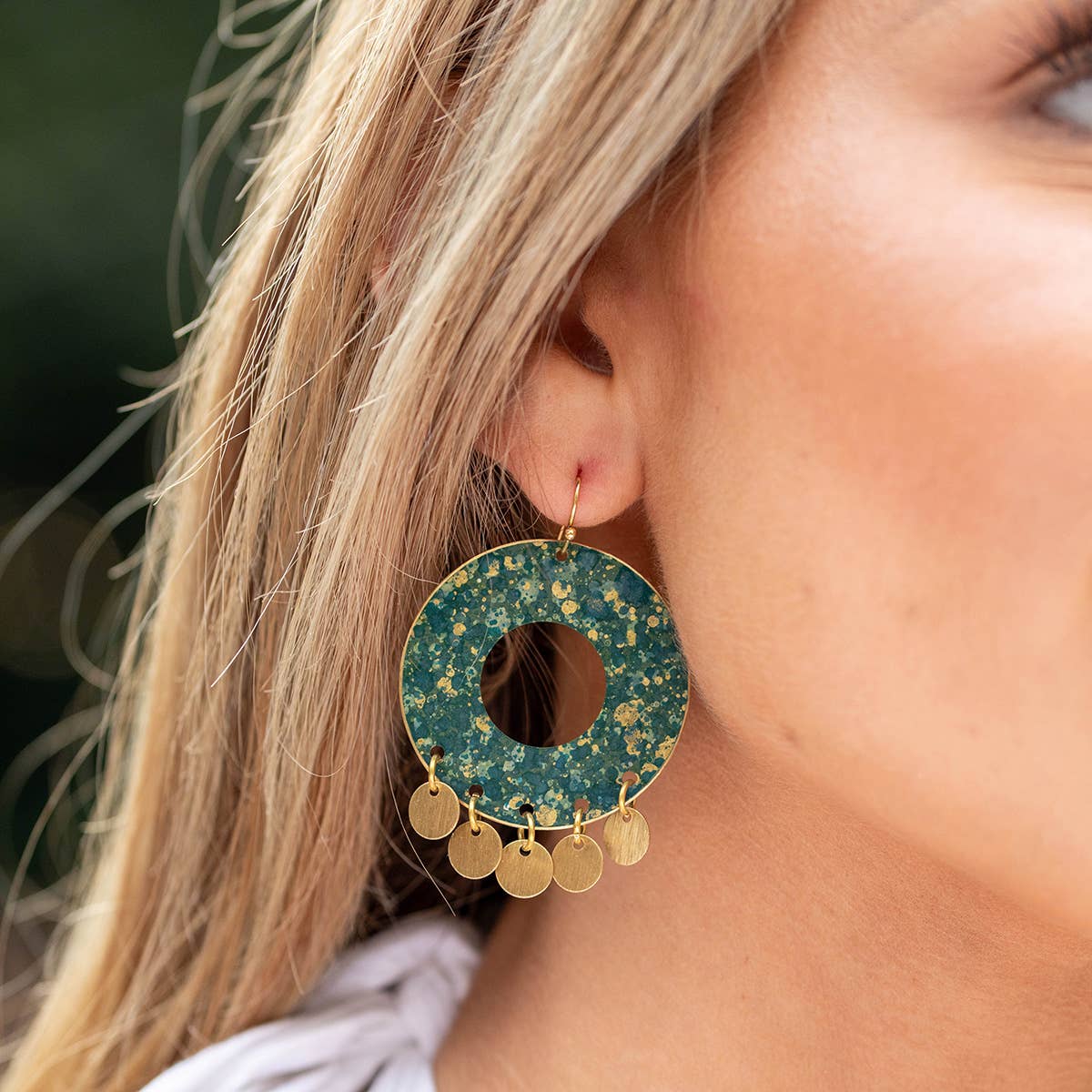 Brass Patina Earrings - Dark Green Circle with Brass Dangles