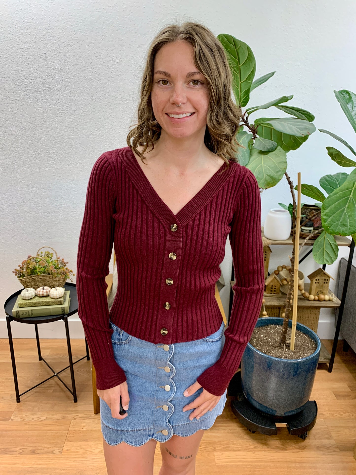 Wine Button Front Cardigan