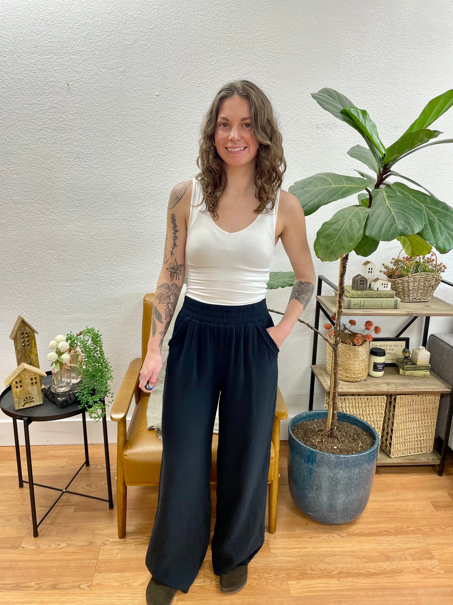 Black Wide Leg Gauze Pants