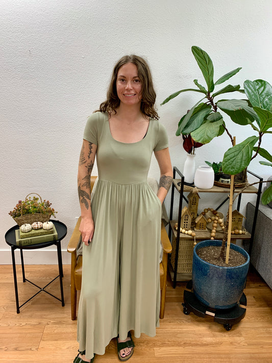 Olive Double Layer Short Sleeve Jumpsuit