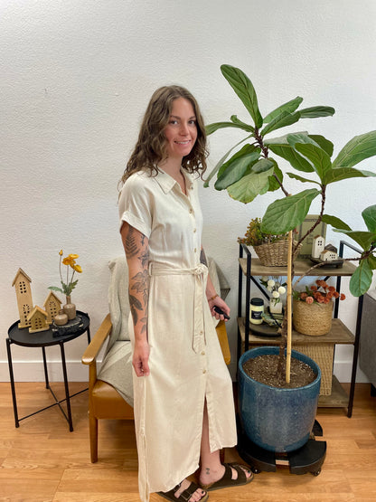 Natural Belted Linen Side Slit Maxi Dress