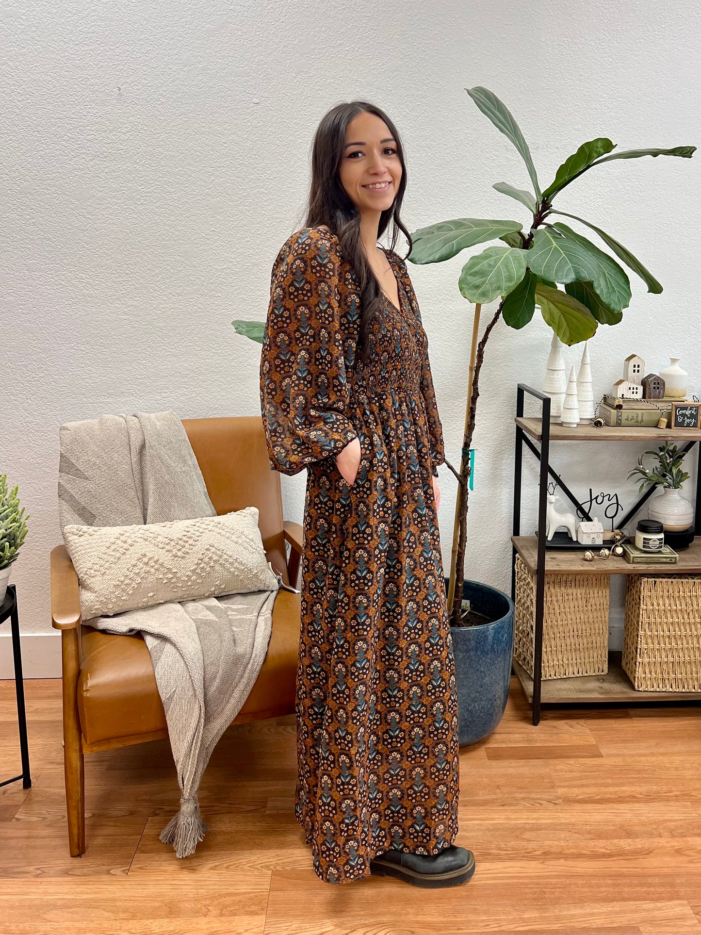 Dark Navy Floral Puff Sleeve Maxi Dress