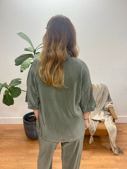 Olive Pleated Button Up Top