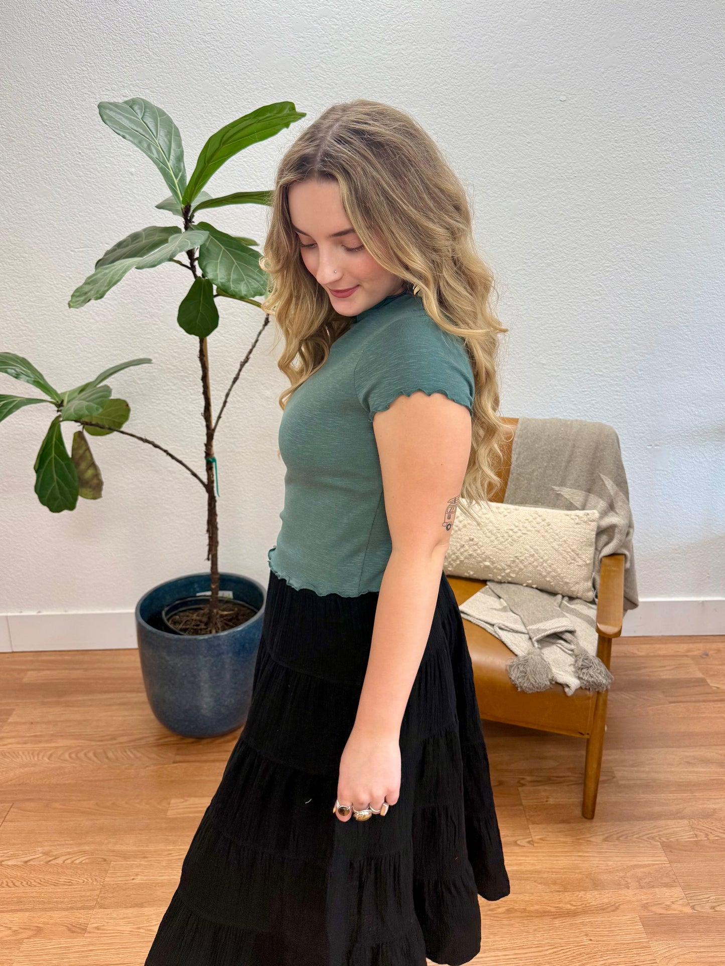 Ash Jade Modal Lettuce Trim Crop Tee