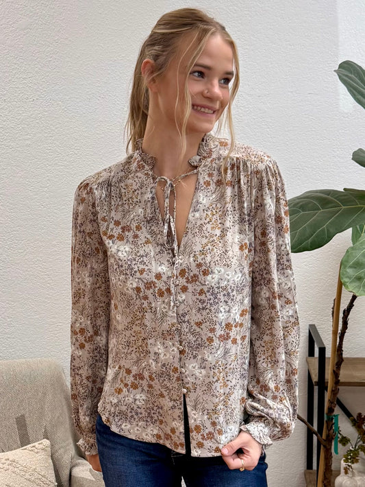 Taupe Grey Floral Print Blouse