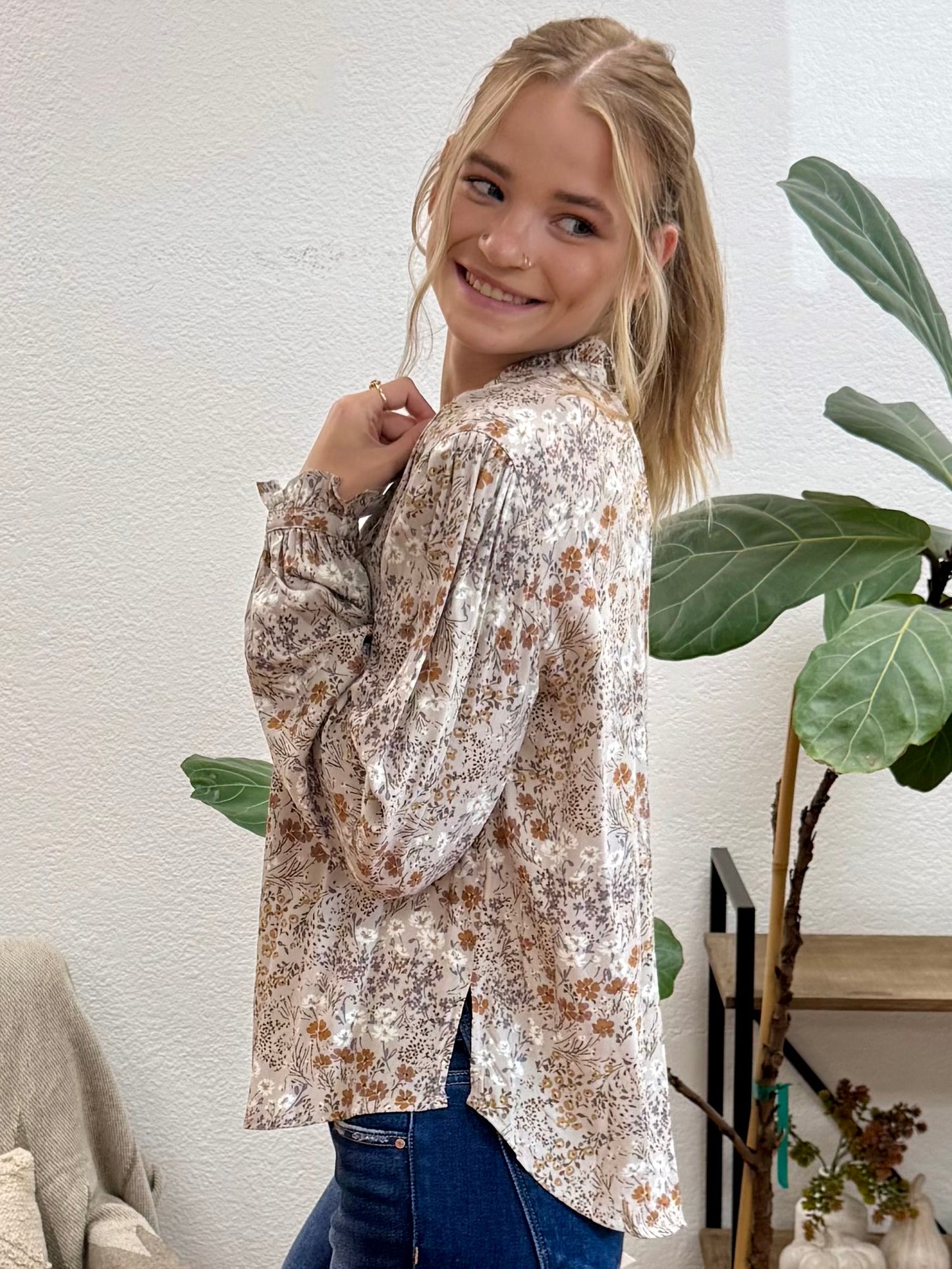 Taupe Grey Floral Print Blouse