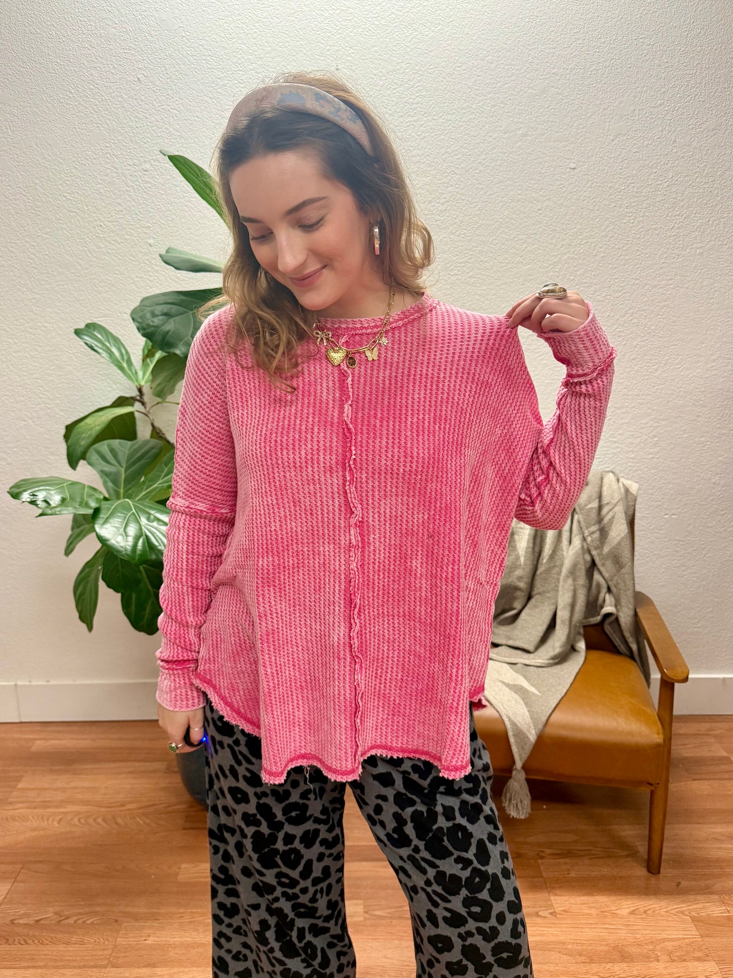 Fuchsia Washed Waffle Oversized Top