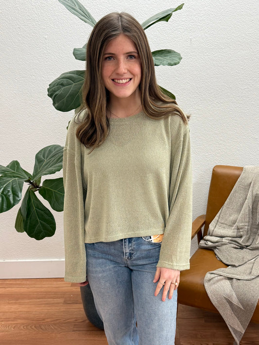 Light Olive Raw Edge Knit Top